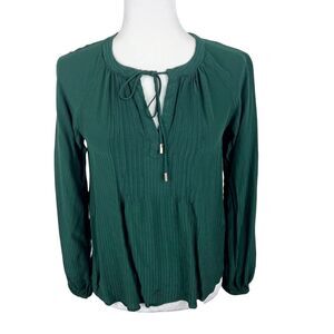 Skies Are Blue Blouse Women Extra Small Green Boho Tie Neck Long Sleeve Casual